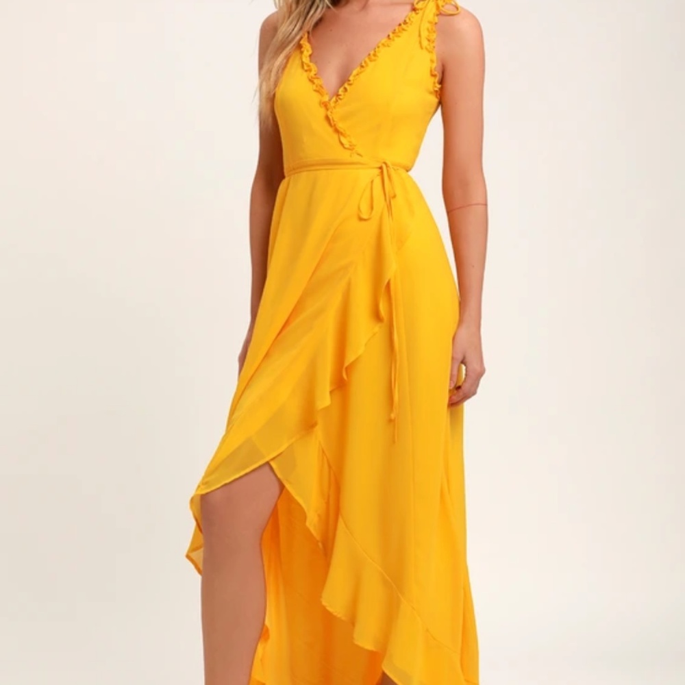 NWT- Lulu's Yellow Ruffled High-Low Wrap Dress